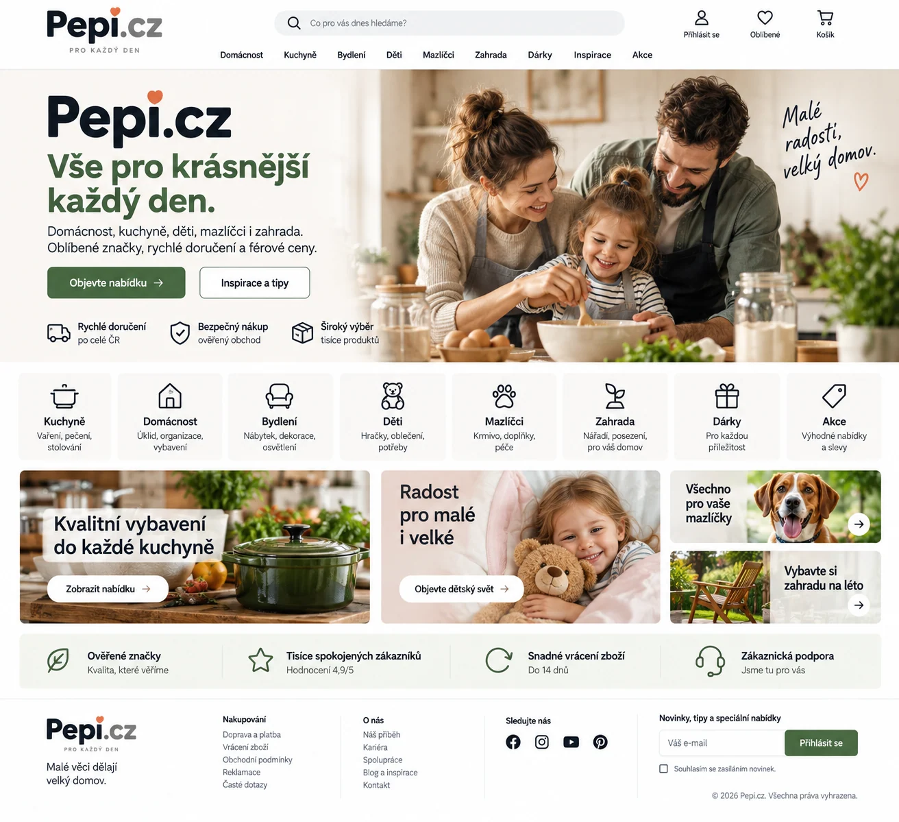 Ilustrační návrh rodinného e-shopu Pepi.cz s kategoriemi pro domácnost, děti, mazlíčky, zahradu a dárky